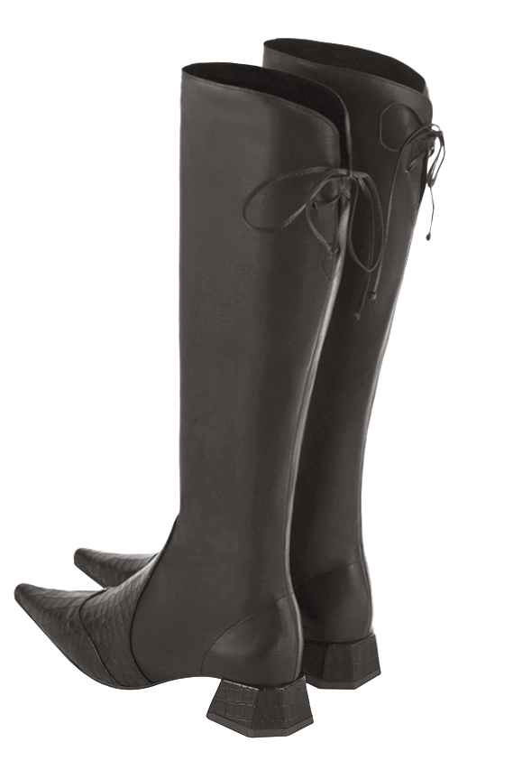 Dark grey women's knee-high boots, with laces at the back. Pointed toe. Low flare heels. Made to measure. Rear view - Florence KOOIJMAN